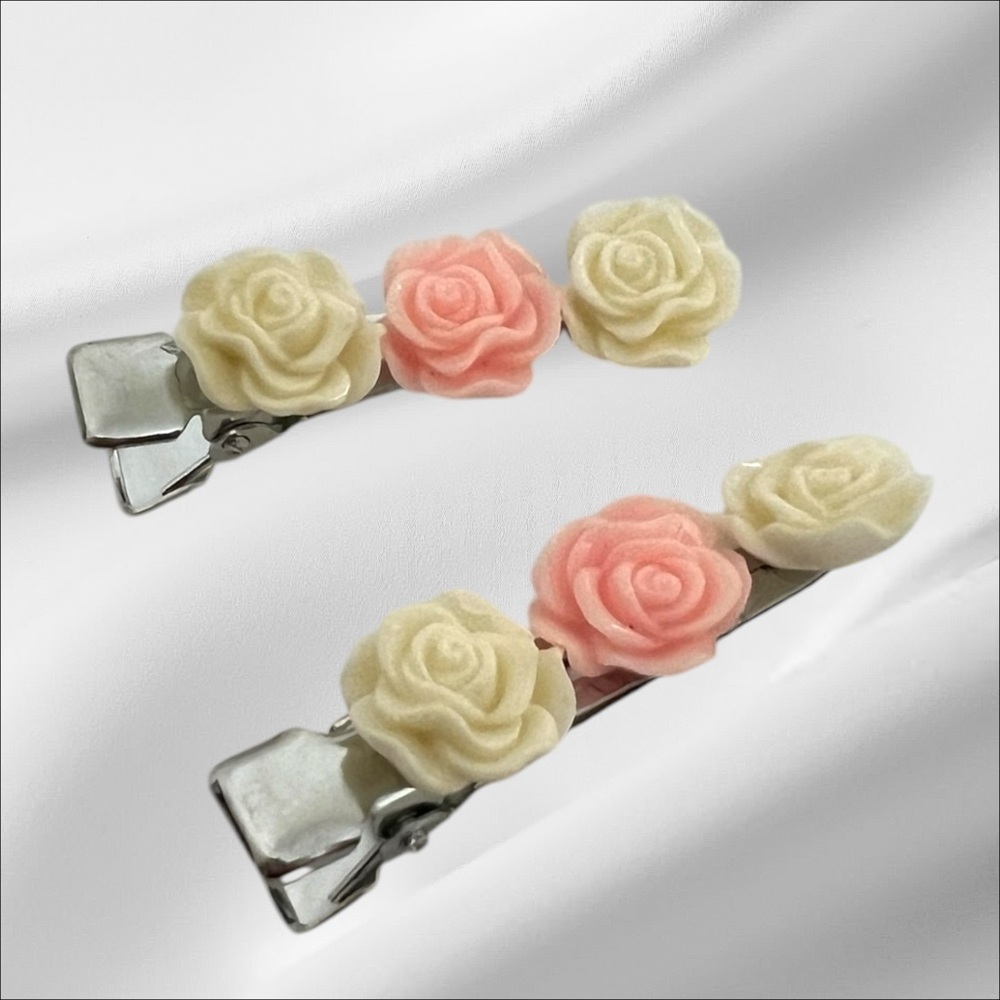 Elegant Floral Hair Clips - Cream and Pink resin roses